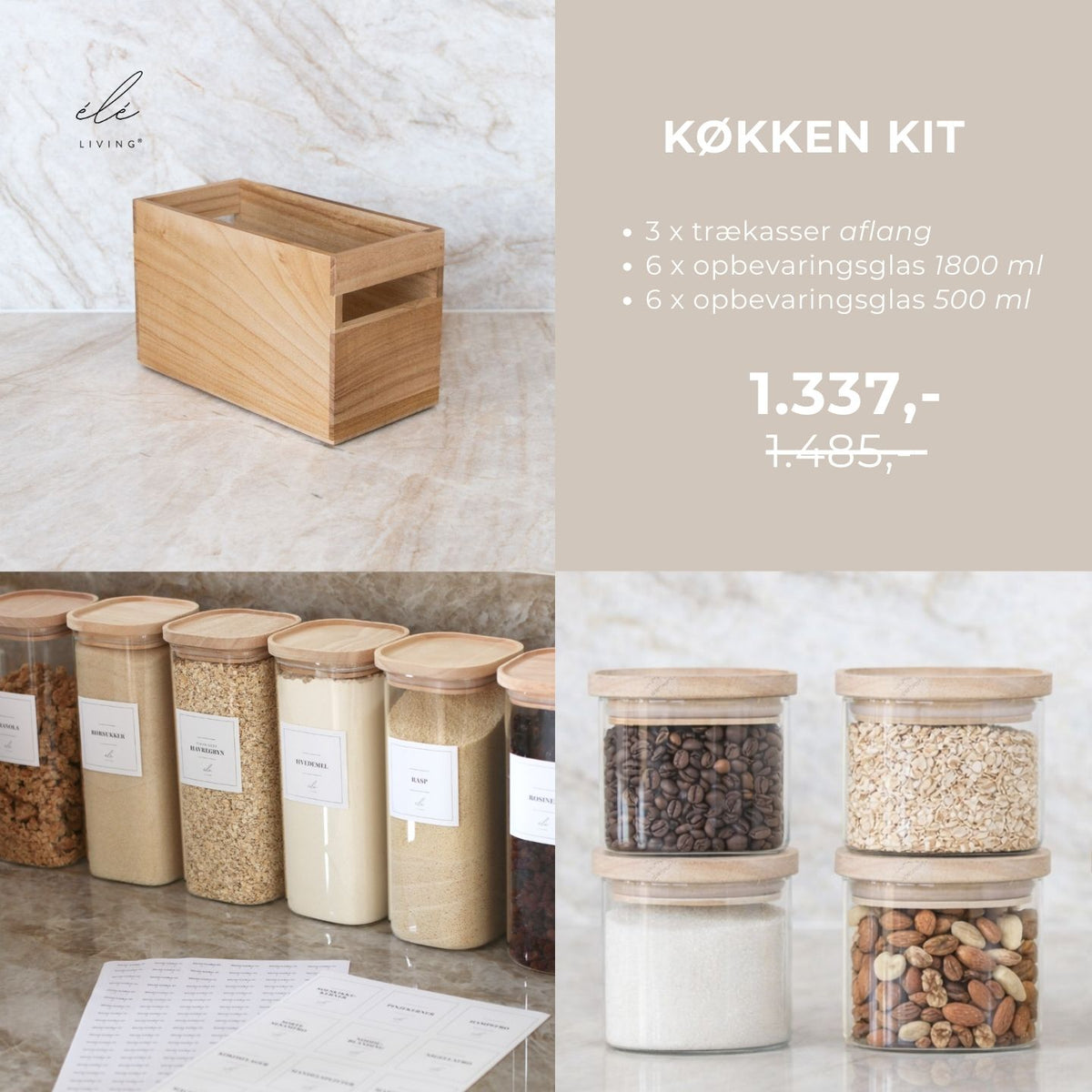 Køkken Kit med trækasser, opbevaringsglas og labels vist samlet