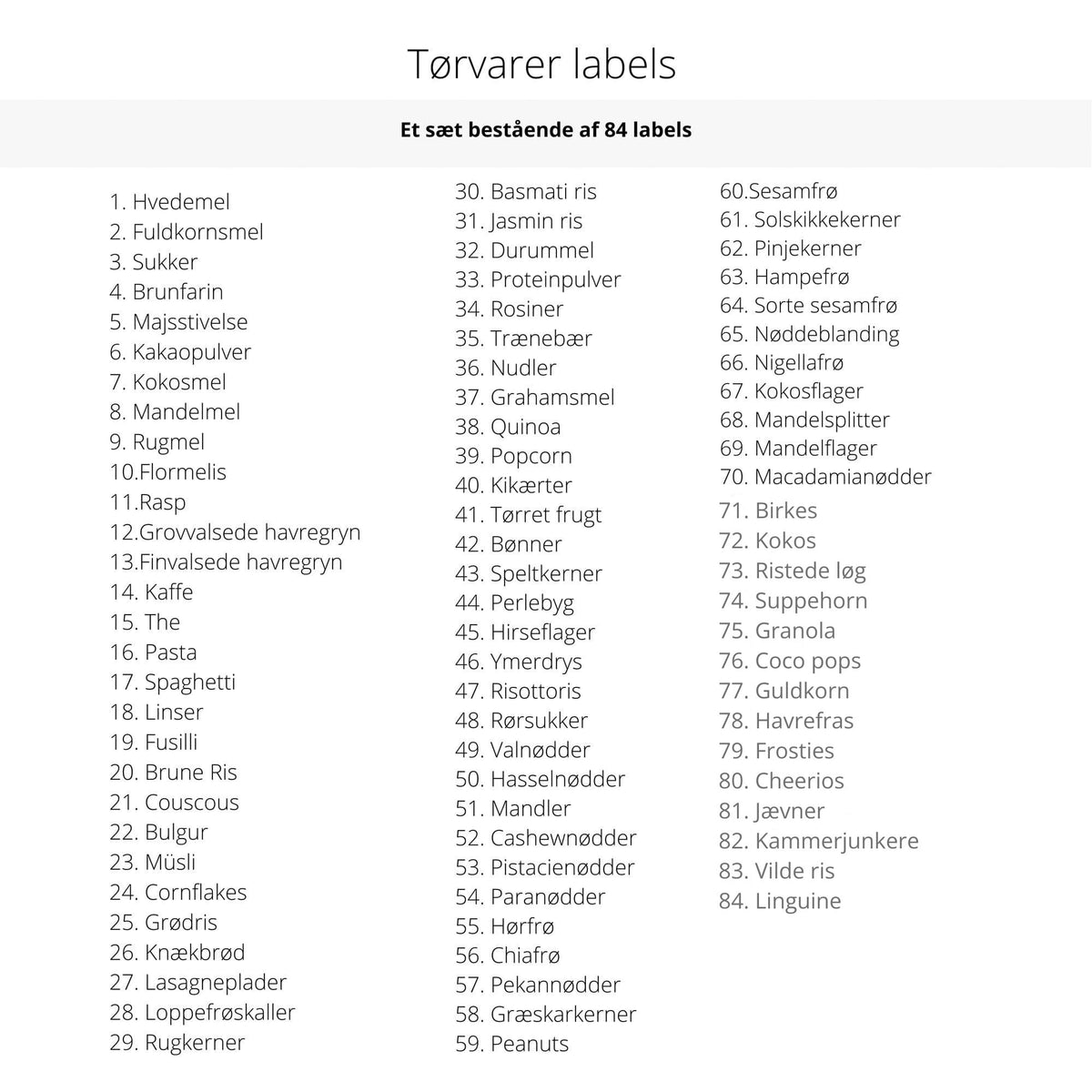 Ark med danske labels til tørvarer og madopbevaring