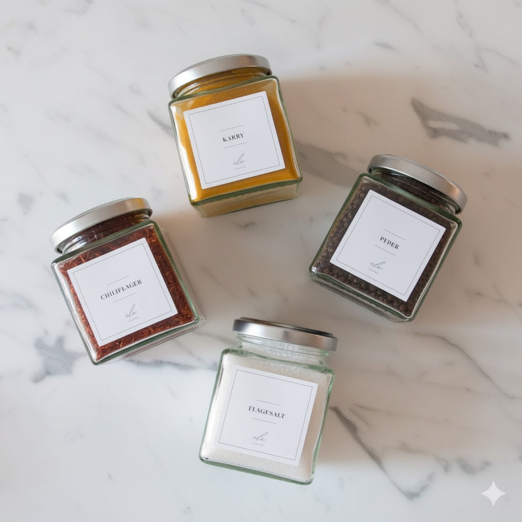 Fire krydderiglas med sølvlåg og danske labels